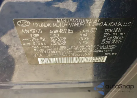 2020 Hyundai Santa Fe Sel из США, поврежденный, VIN 5NMS33AD0LH233917